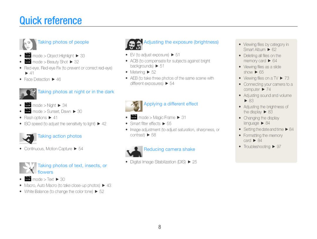 Samsung ST91, ST90 user manual Quick reference, Taking photos of people 