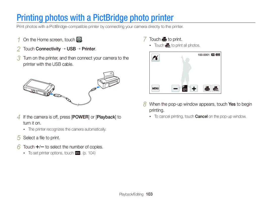 Samsung ST95 user manual Printing photos with a PictBridge photo printer 