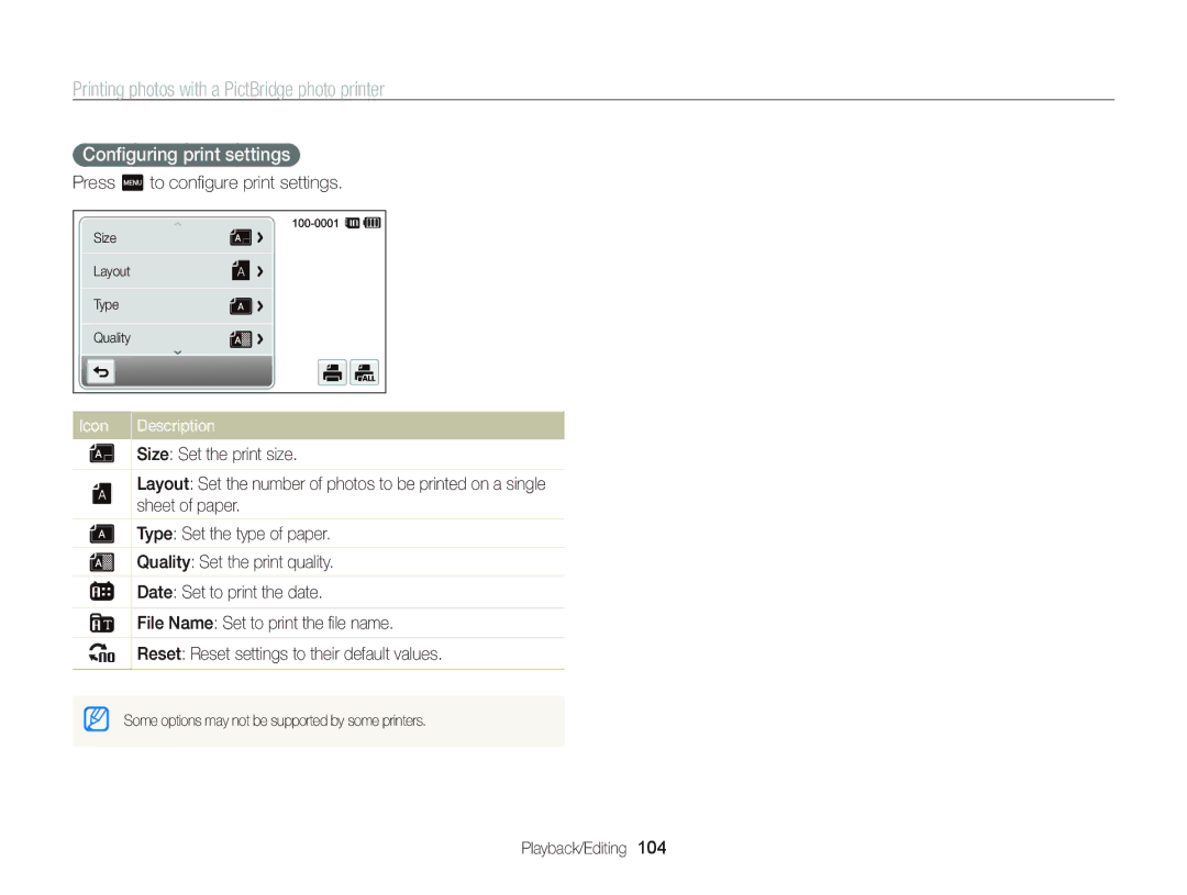 Samsung ST95 user manual Printing photos with a PictBridge photo printer, Conﬁguring print settings 