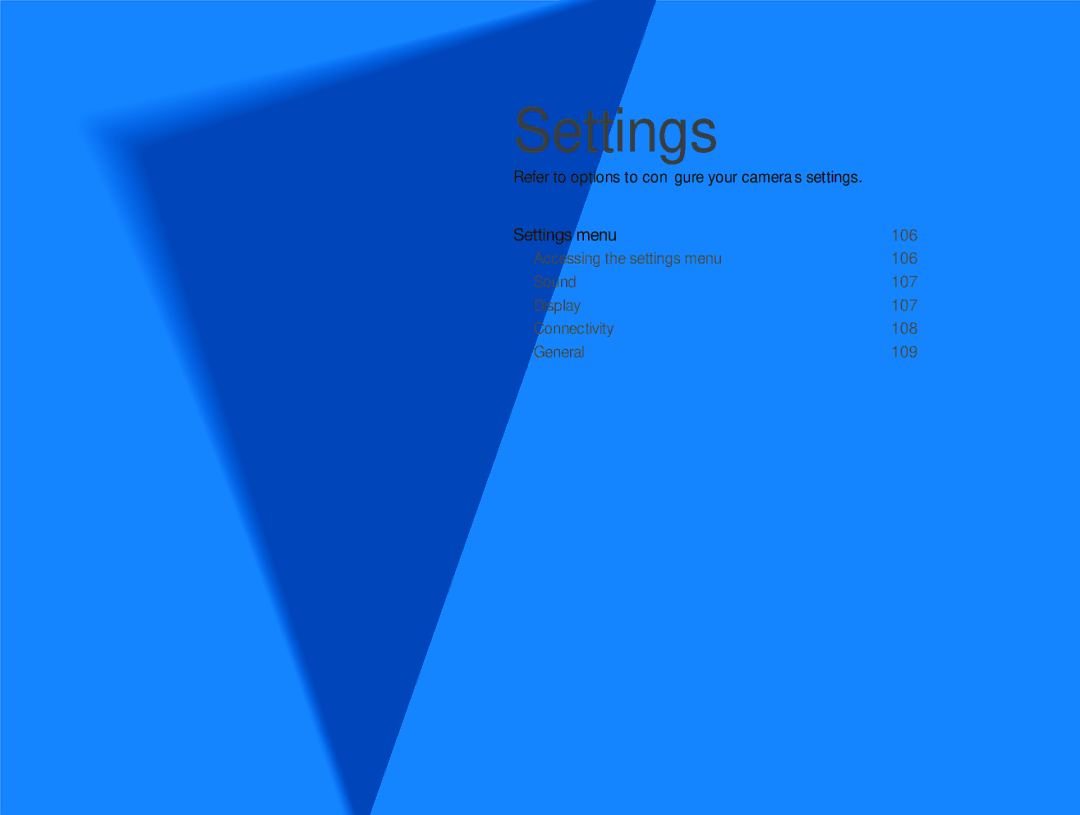 Samsung ST95 user manual Settings, Refer to options to conﬁgure your camera’s settings 