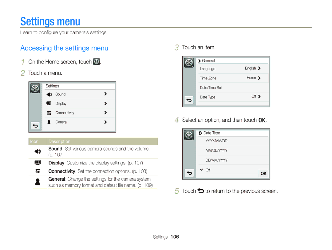 Samsung ST95 user manual Settings menu, Accessing the settings menu, On the Home screen, touch Touch a menu, Touch an item 