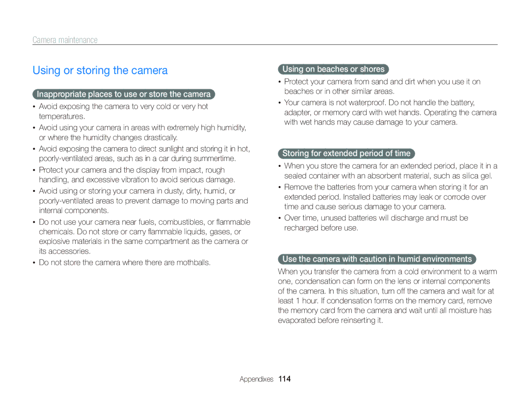 Samsung ST95 user manual Using or storing the camera, Camera maintenance 