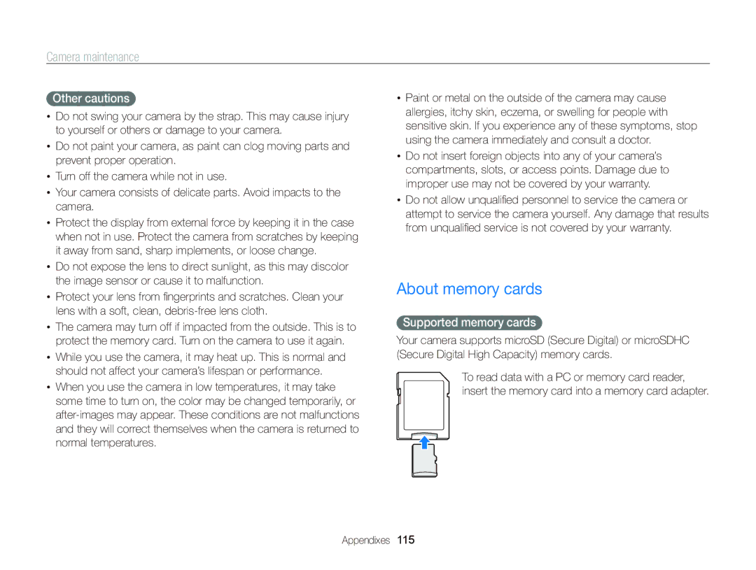 Samsung ST95 user manual About memory cards, Other cautions, Supported memory cards 