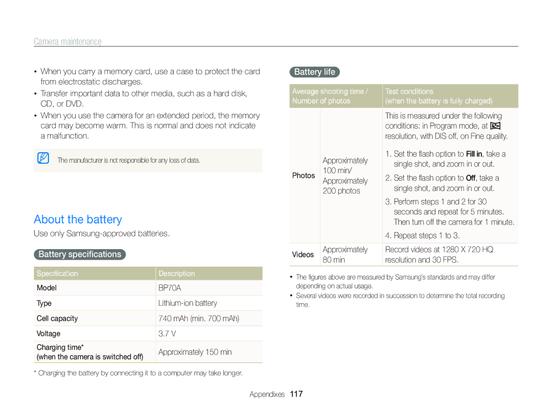 Samsung ST95 user manual About the battery, Battery speciﬁcations, Battery life, Speciﬁcation Description 