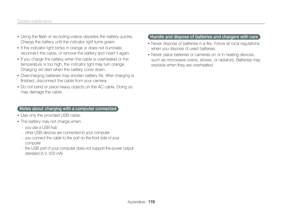 Samsung ST95 user manual Handle and dispose of batteries and chargers with care 