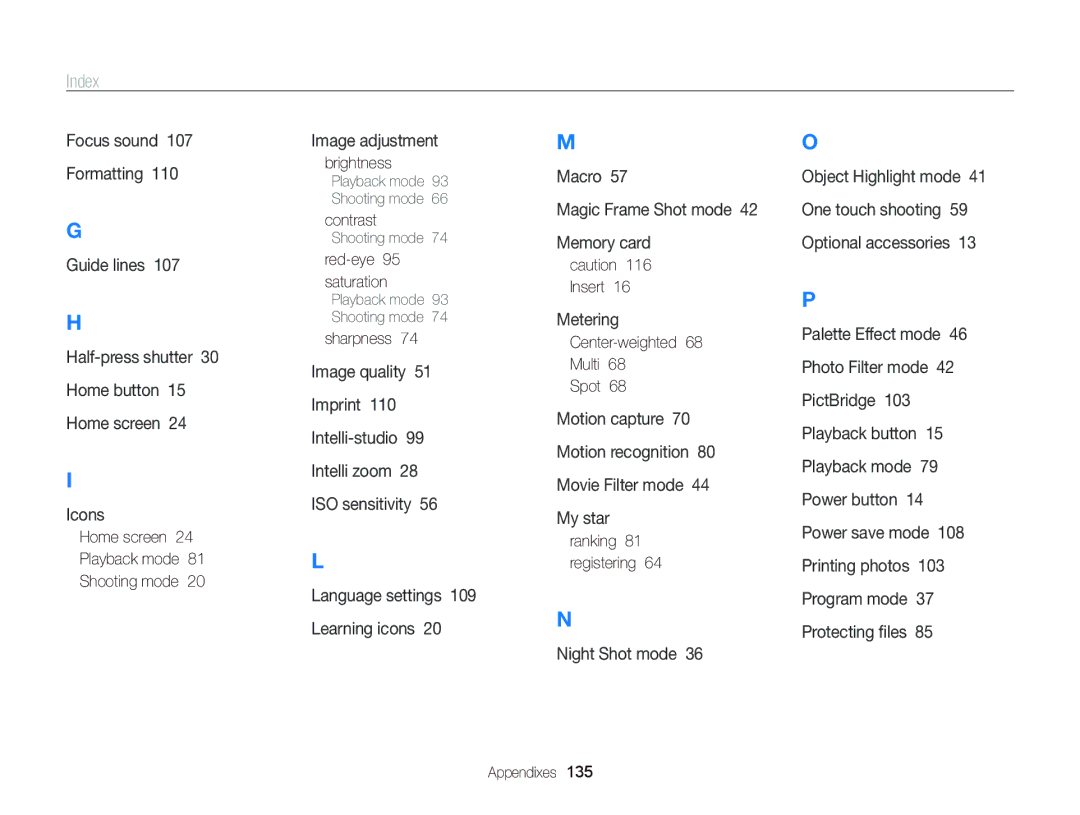 Samsung ST95 user manual Index, Red-eye 95 saturation, Sharpness, Center-weighted Multi Spot, Ranking 81 registering 