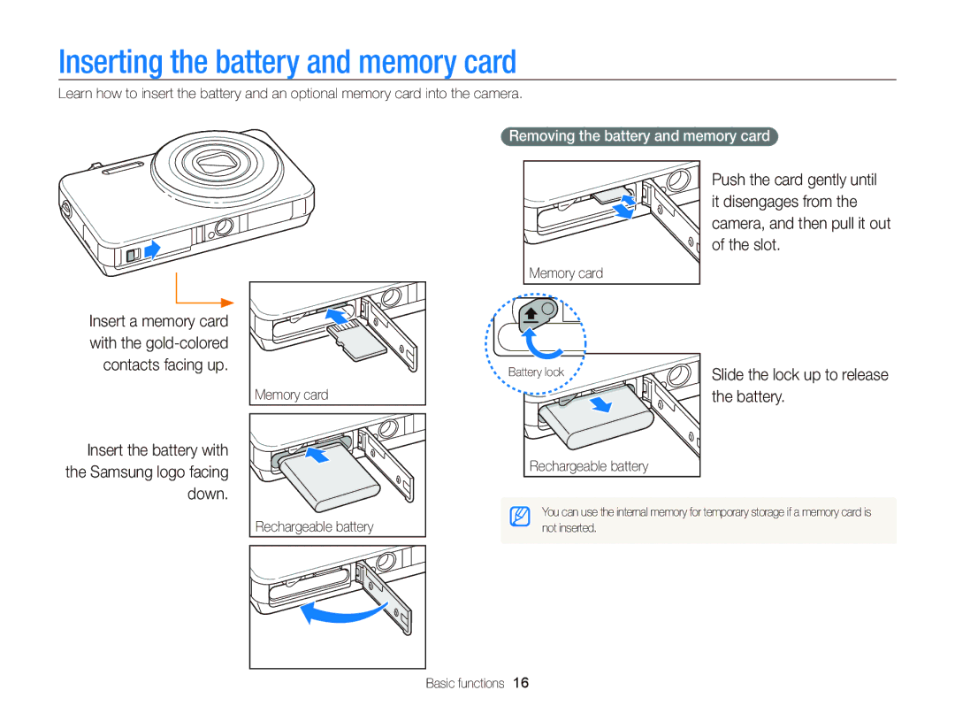 Samsung ST95 Inserting the battery and memory card, Insert the battery with the Samsung logo facing down, Battery 