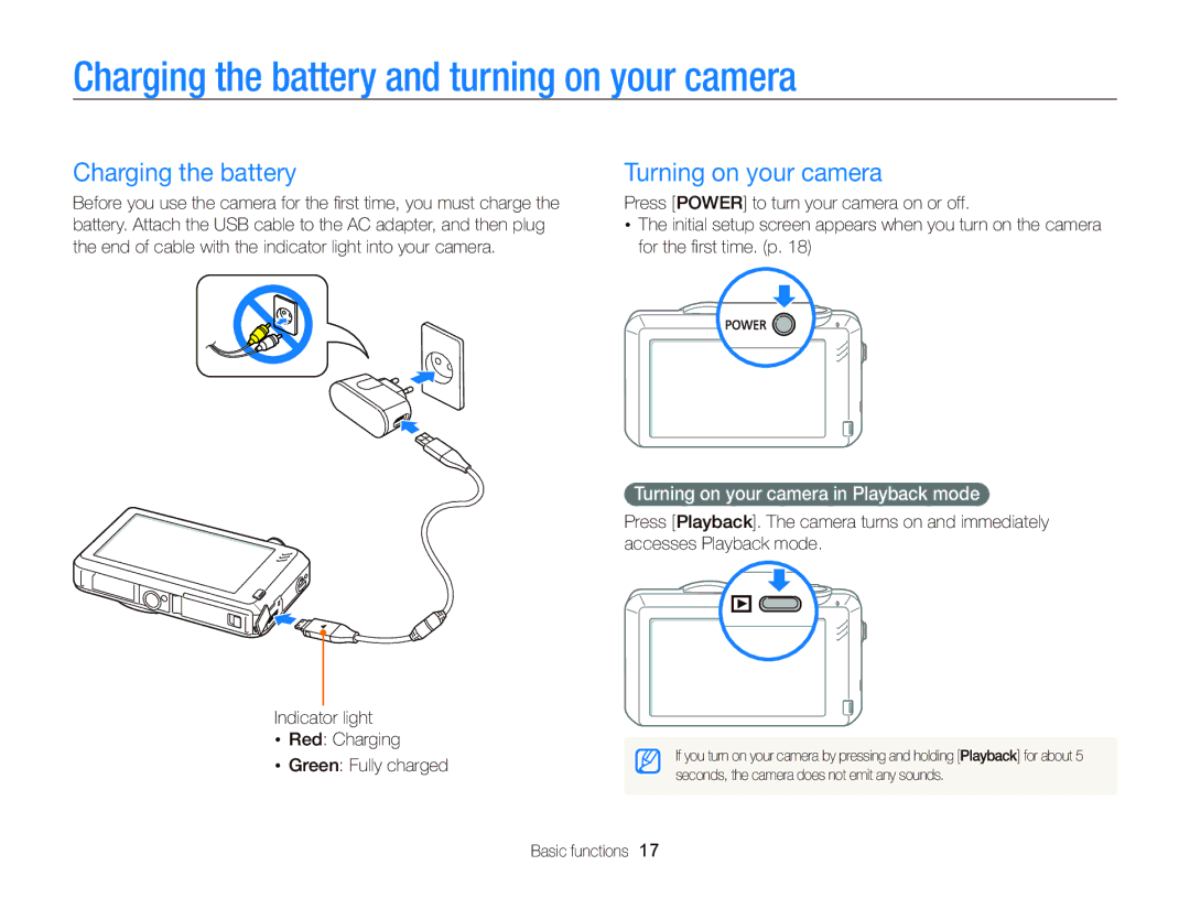 Samsung ST95 user manual Charging the battery and turning on your camera, Turning on your camera 