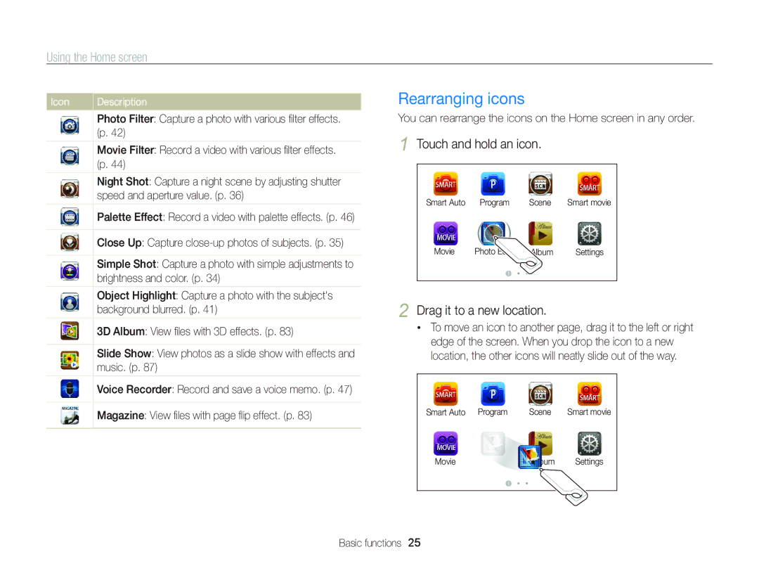 Samsung ST95 user manual Rearranging icons, Using the Home screen, Touch and hold an icon, Drag it to a new location 