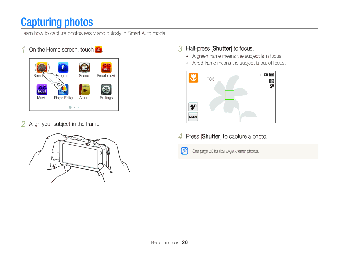 Samsung ST95 user manual Capturing photos, Align your subject in the frame Half-press Shutter to focus 