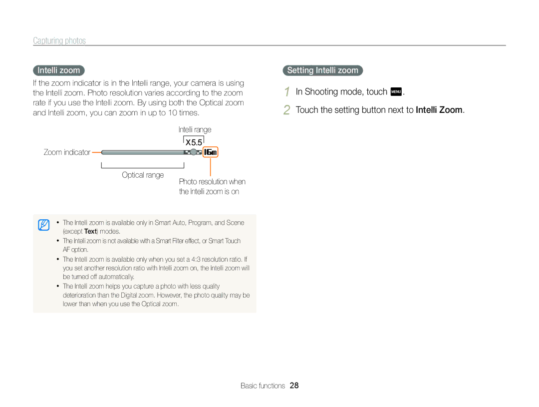 Samsung ST95 user manual Setting Intelli zoom, Intelli range Zoom indicator Optical range 