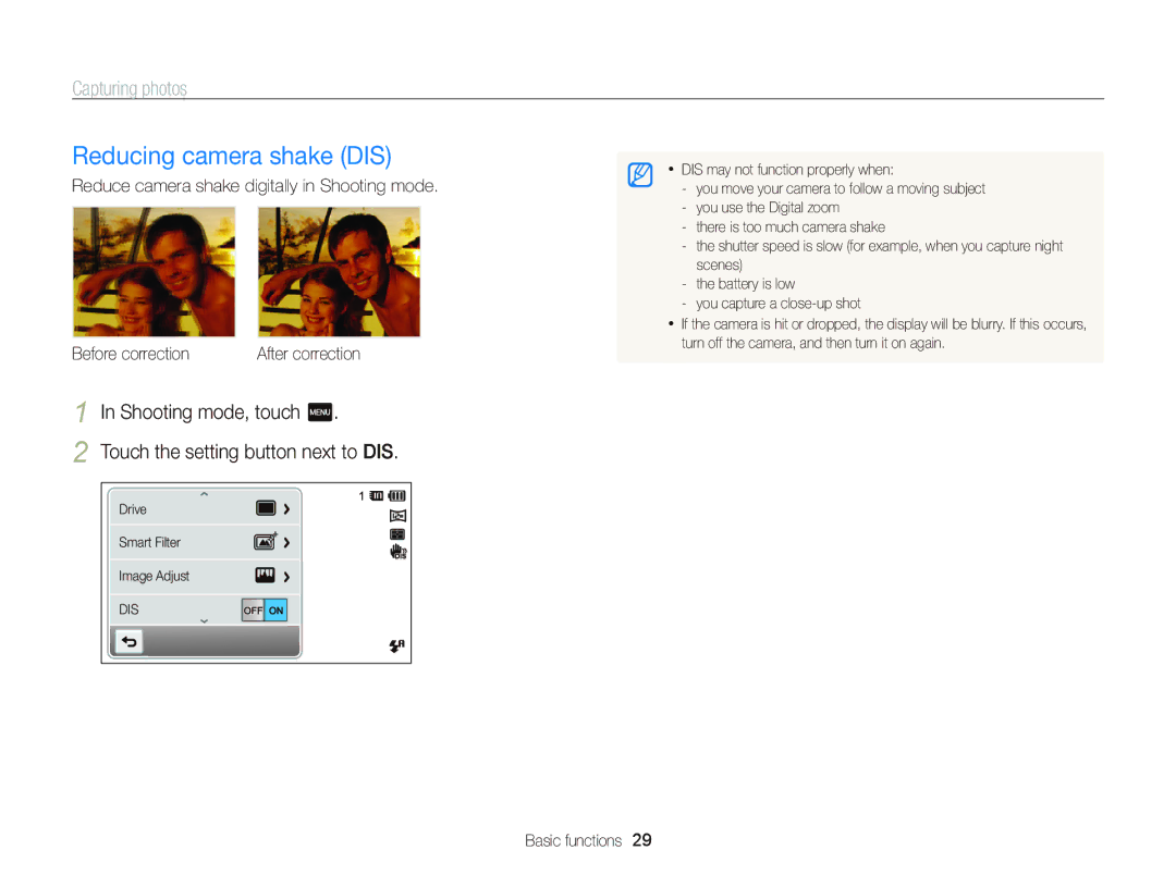 Samsung ST95 user manual Reducing camera shake DIS, Shooting mode, touch m Touch the setting button next to DIS 