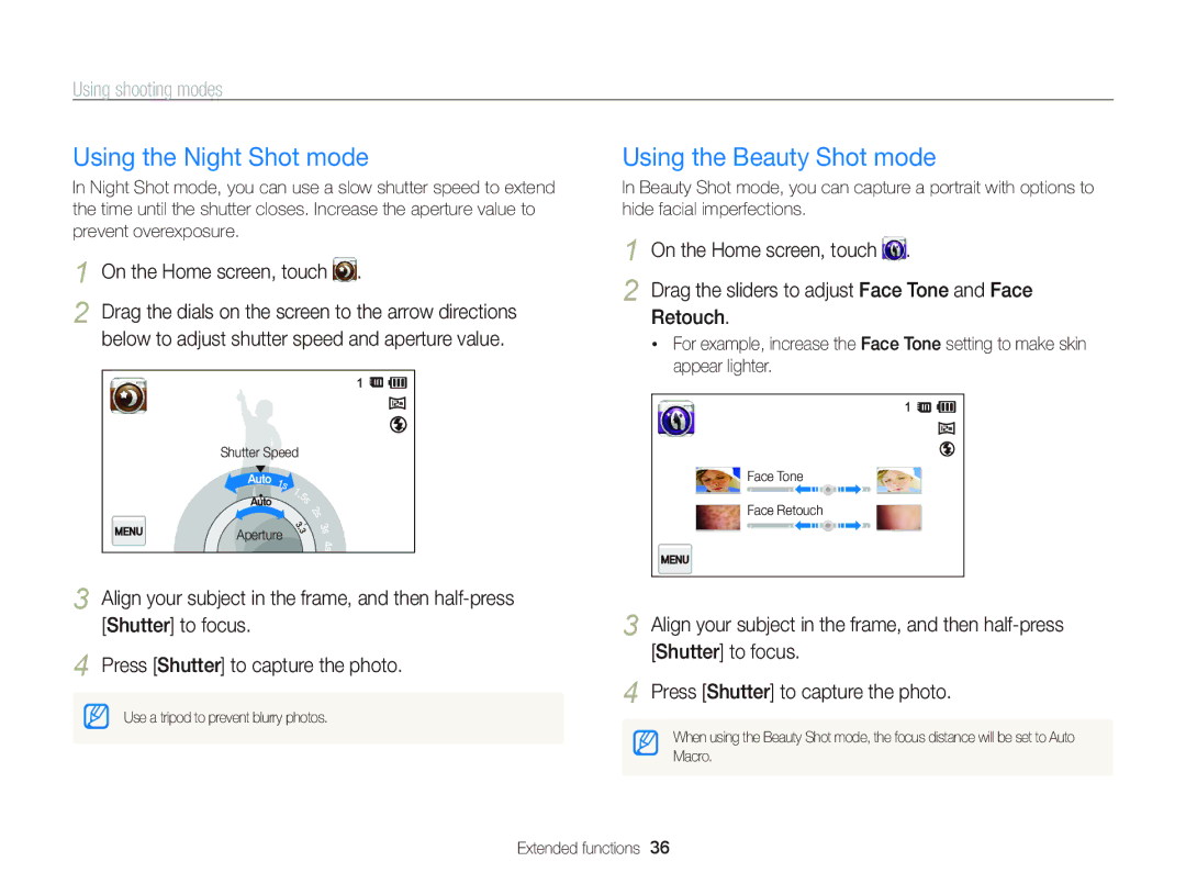 Samsung ST95 user manual Using the Night Shot mode, Using the Beauty Shot mode, Retouch 