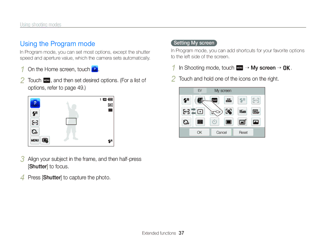 Samsung ST95 user manual Using the Program mode, Options, refer to, Setting My screen 