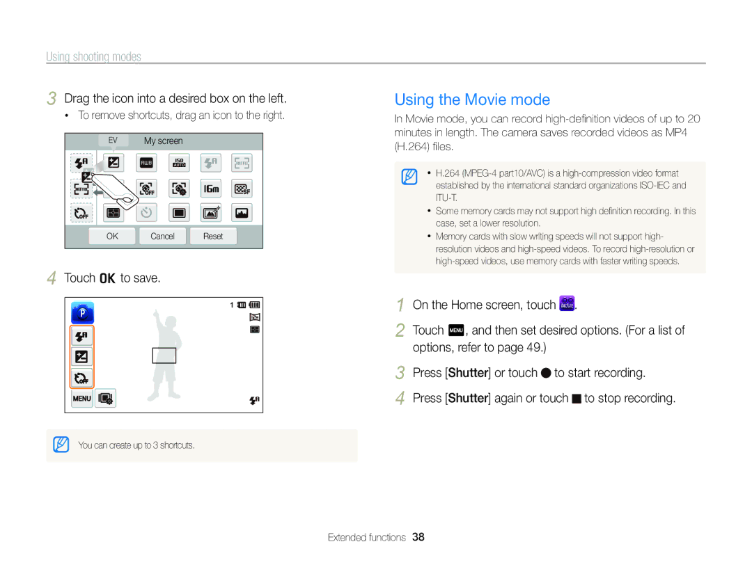 Samsung ST95 user manual Using the Movie mode, Drag the icon into a desired box on the left 