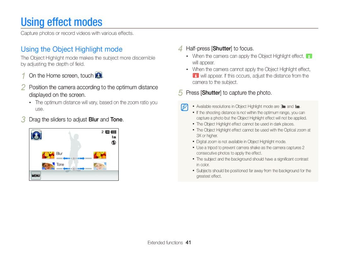 Samsung ST95 user manual Using effect modes, Using the Object Highlight mode, Displayed on the screen 