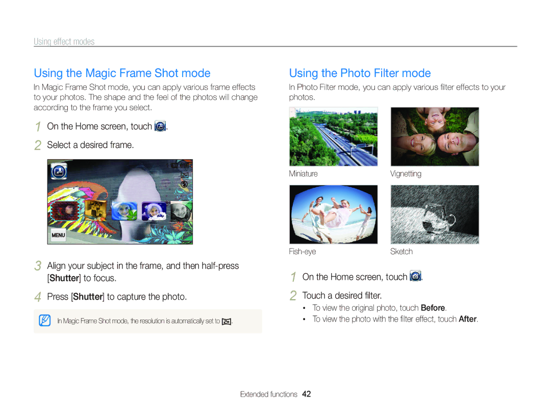 Samsung ST95 user manual Using the Magic Frame Shot mode, Using the Photo Filter mode, Using effect modes 