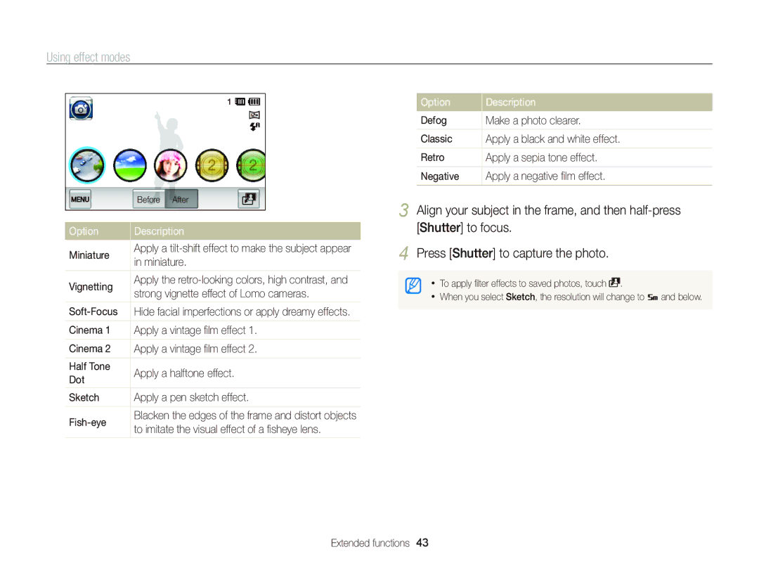 Samsung ST95 user manual Option Description, Miniature, Vignetting, Strong vignette effect of Lomo cameras, Soft-Focus 