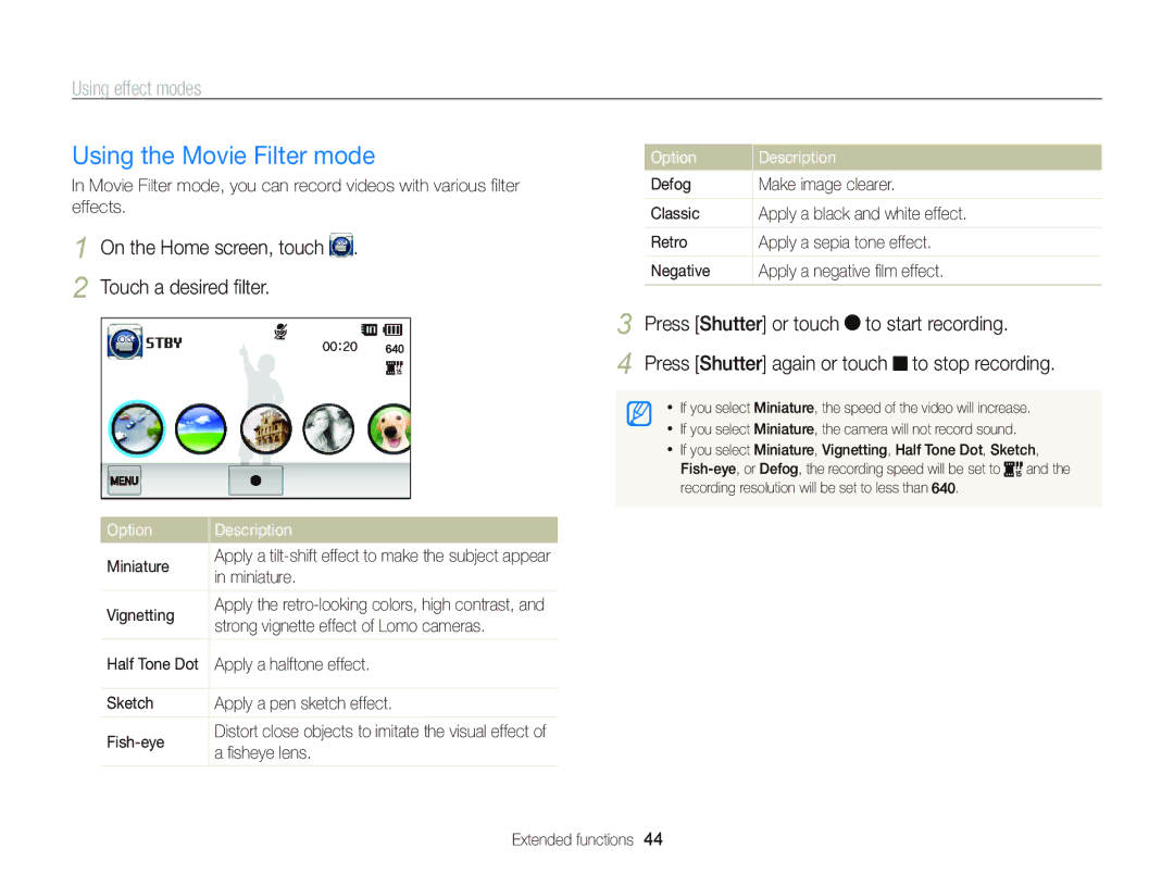 Samsung ST95 user manual Using the Movie Filter mode, Press Shutter or touch to start recording, ﬁsheye lens 