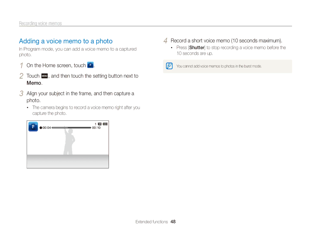 Samsung ST95 user manual Adding a voice memo to a photo, Recording voice memos, Memo, Photo 