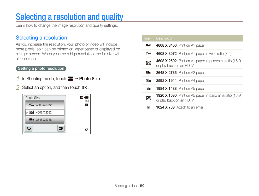 Samsung ST95 user manual Selecting a resolution and quality, Setting a photo resolution 