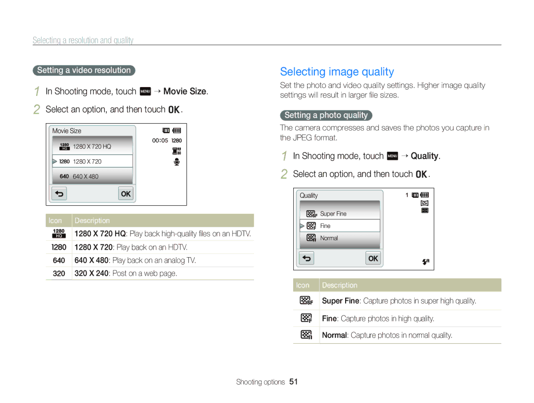 Samsung ST95 user manual Selecting image quality, Selecting a resolution and quality, Setting a video resolution 