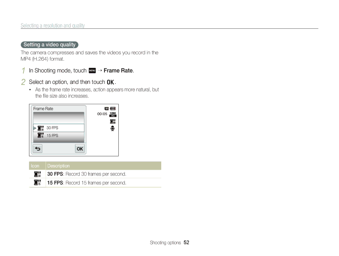 Samsung ST95 user manual Setting a video quality 