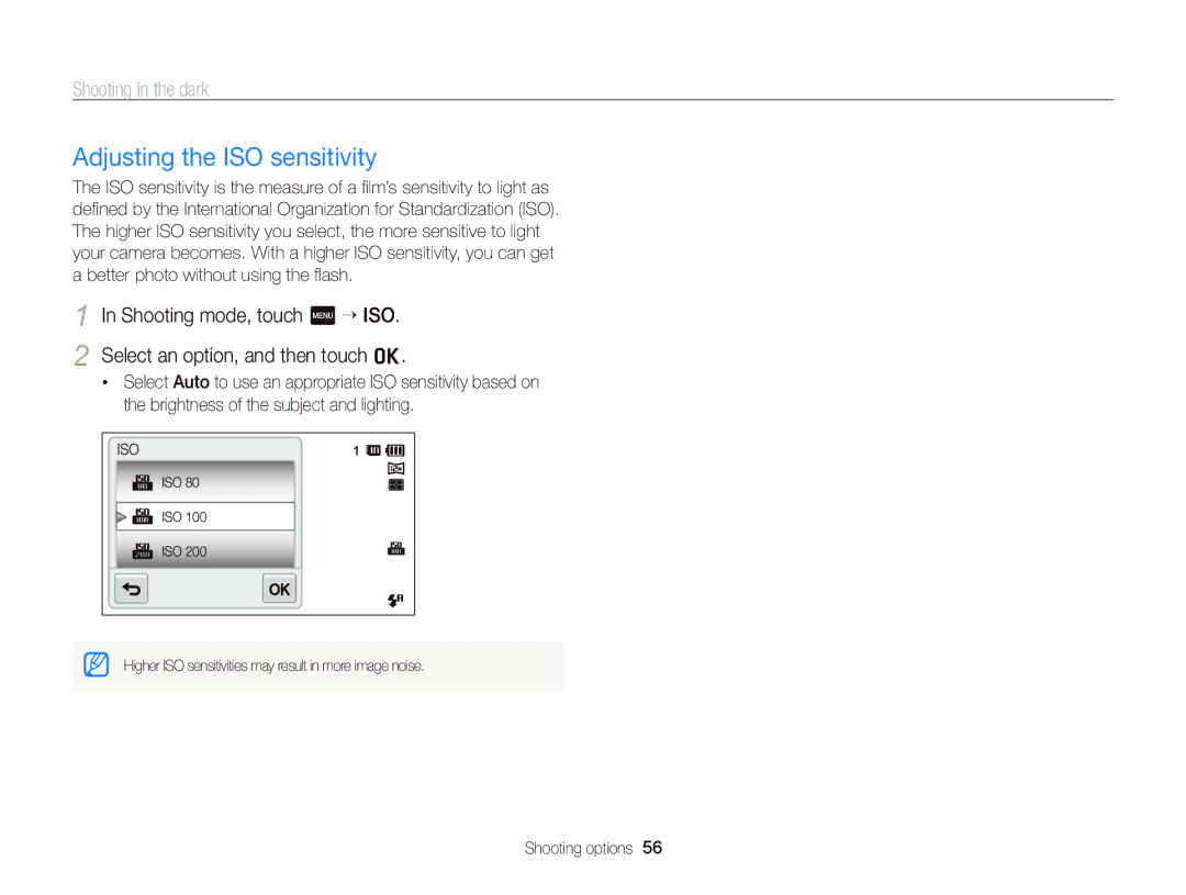 Samsung ST95 user manual Adjusting the ISO sensitivity 