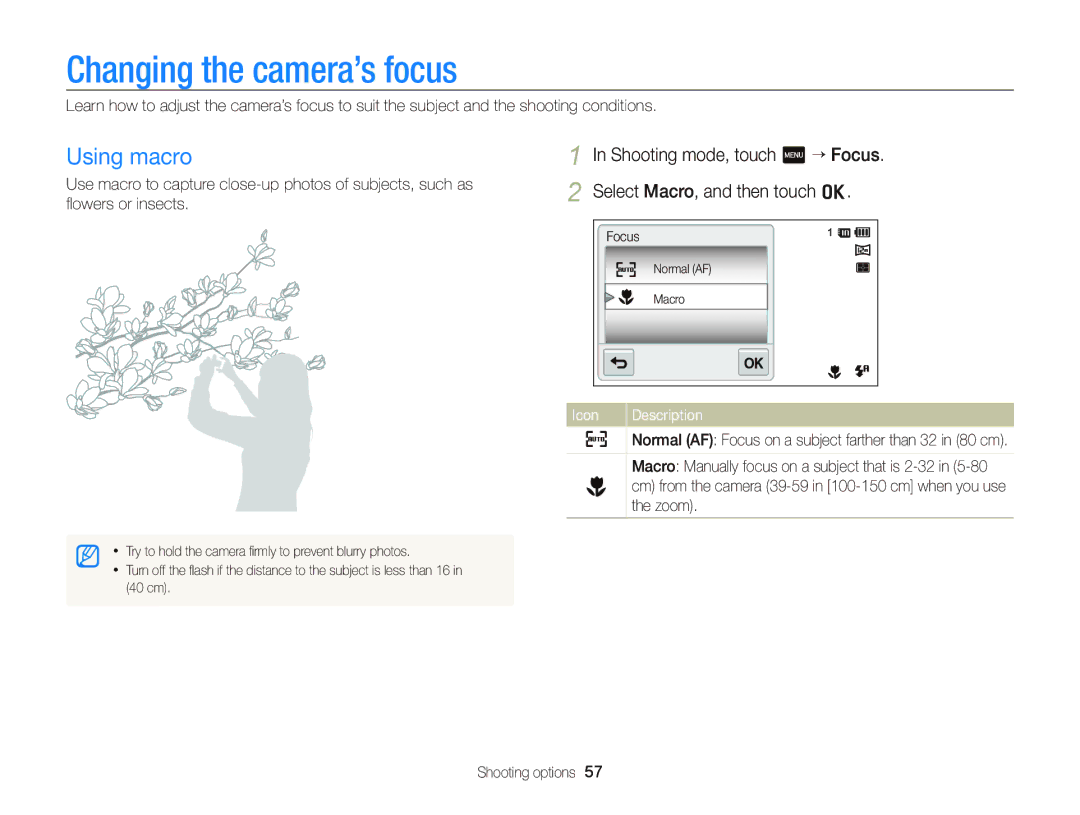 Samsung ST95 user manual Changing the camera’s focus, Using macro, Zoom 