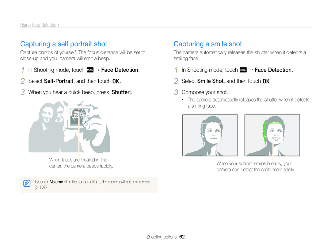 Samsung ST95 user manual Capturing a self portrait shot, Capturing a smile shot, Using face detection, Compose your shot 