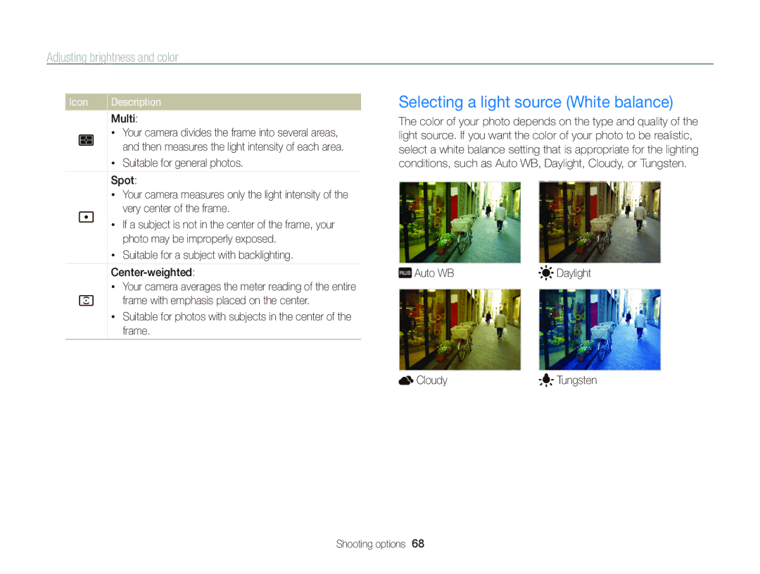 Samsung ST95 user manual Selecting a light source White balance, Suitable for a subject with backlighting Center-weighted 