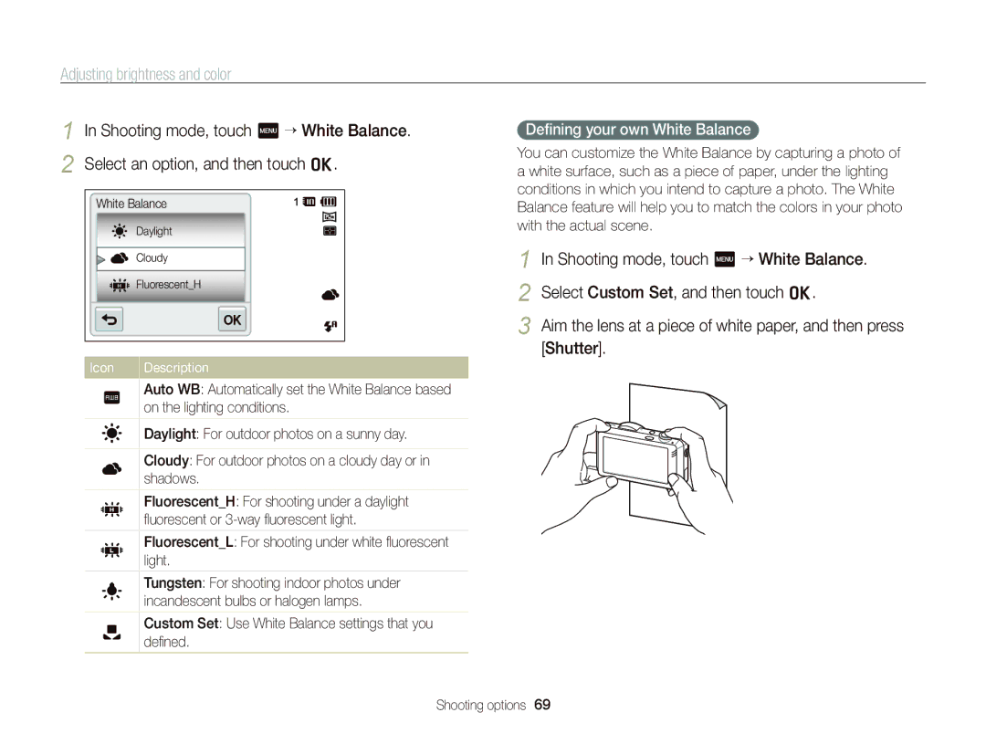 Samsung ST95 user manual Deﬁning your own White Balance 