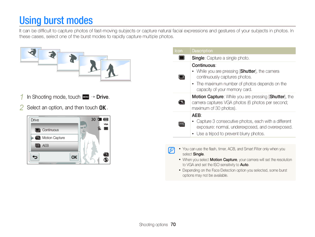 Samsung ST95 user manual Using burst modes, Use a tripod to prevent blurry photos 