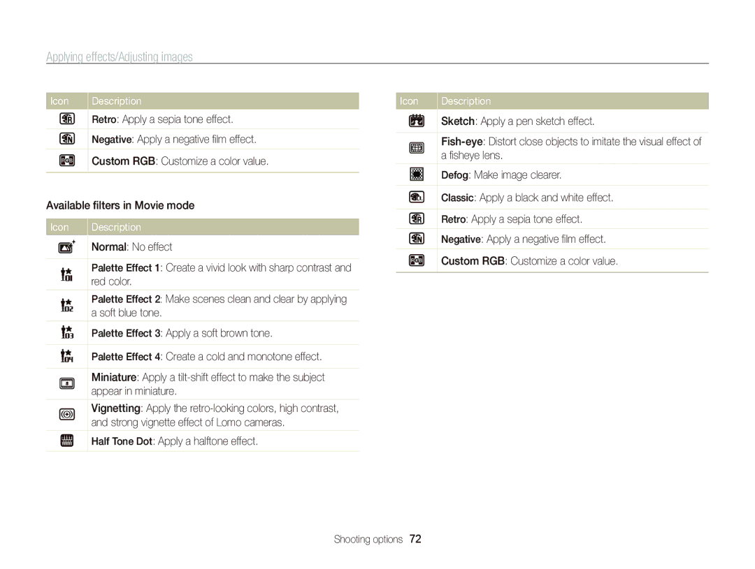 Samsung ST95 user manual Applying effects/Adjusting images 