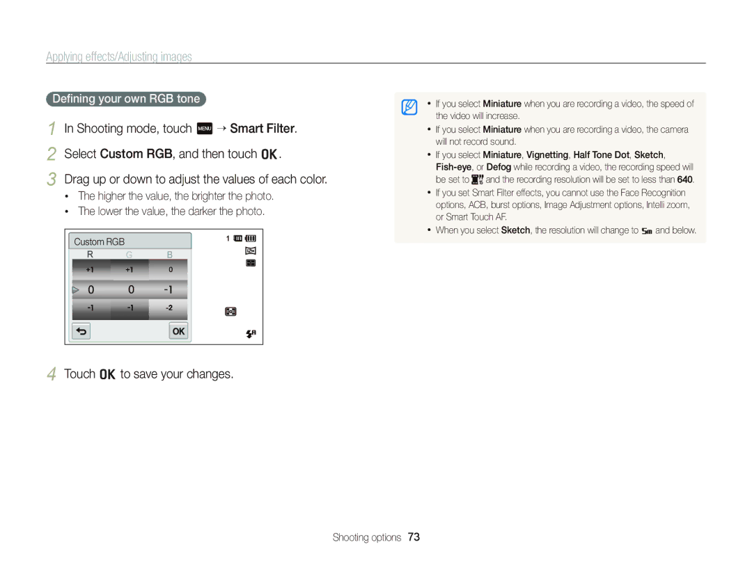 Samsung ST95 user manual Touch o to save your changes, Deﬁning your own RGB tone 