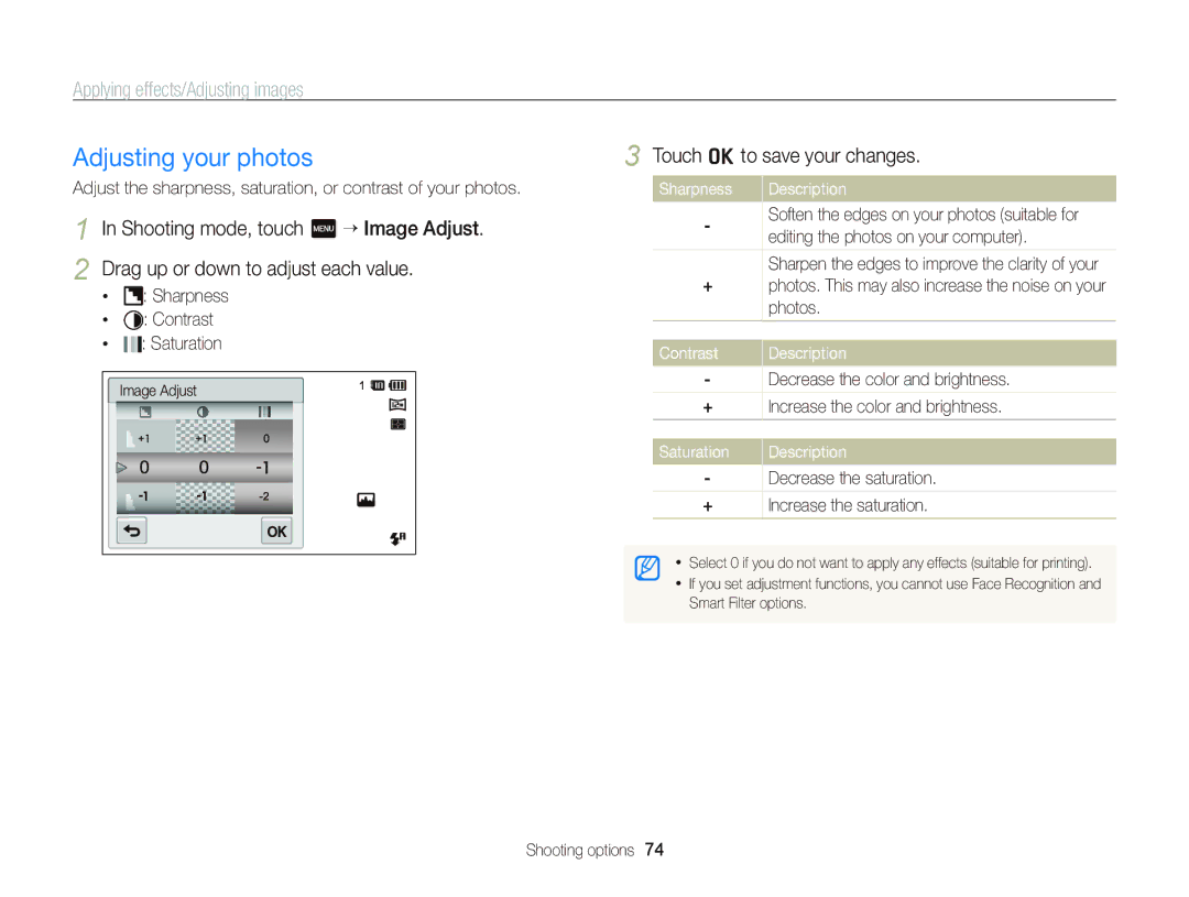 Samsung ST95 Adjusting your photos, Sharpness Description, Editing the photos on your computer, Contrast, Saturation 