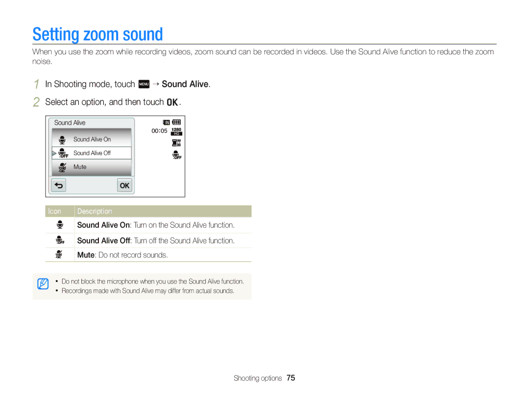 Samsung ST95 user manual Setting zoom sound, Icon Description 