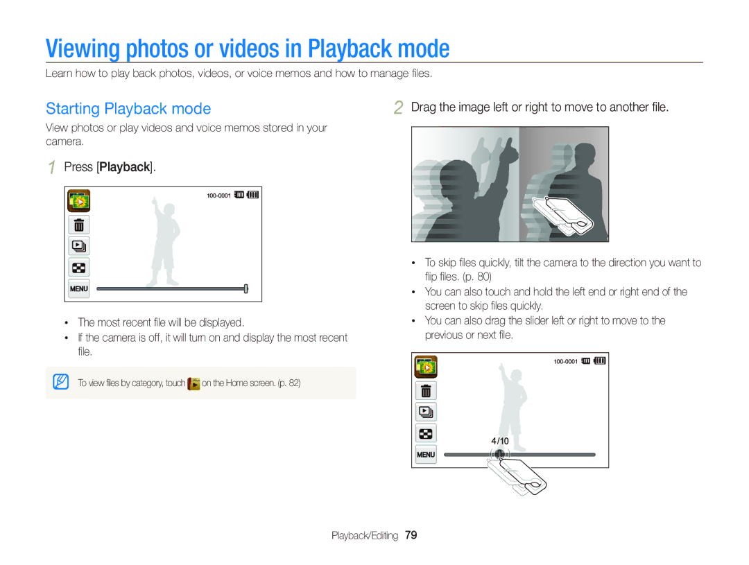 Samsung ST95 Viewing photos or videos in Playback mode, Starting Playback mode, Press Playback, Playback/Editing 