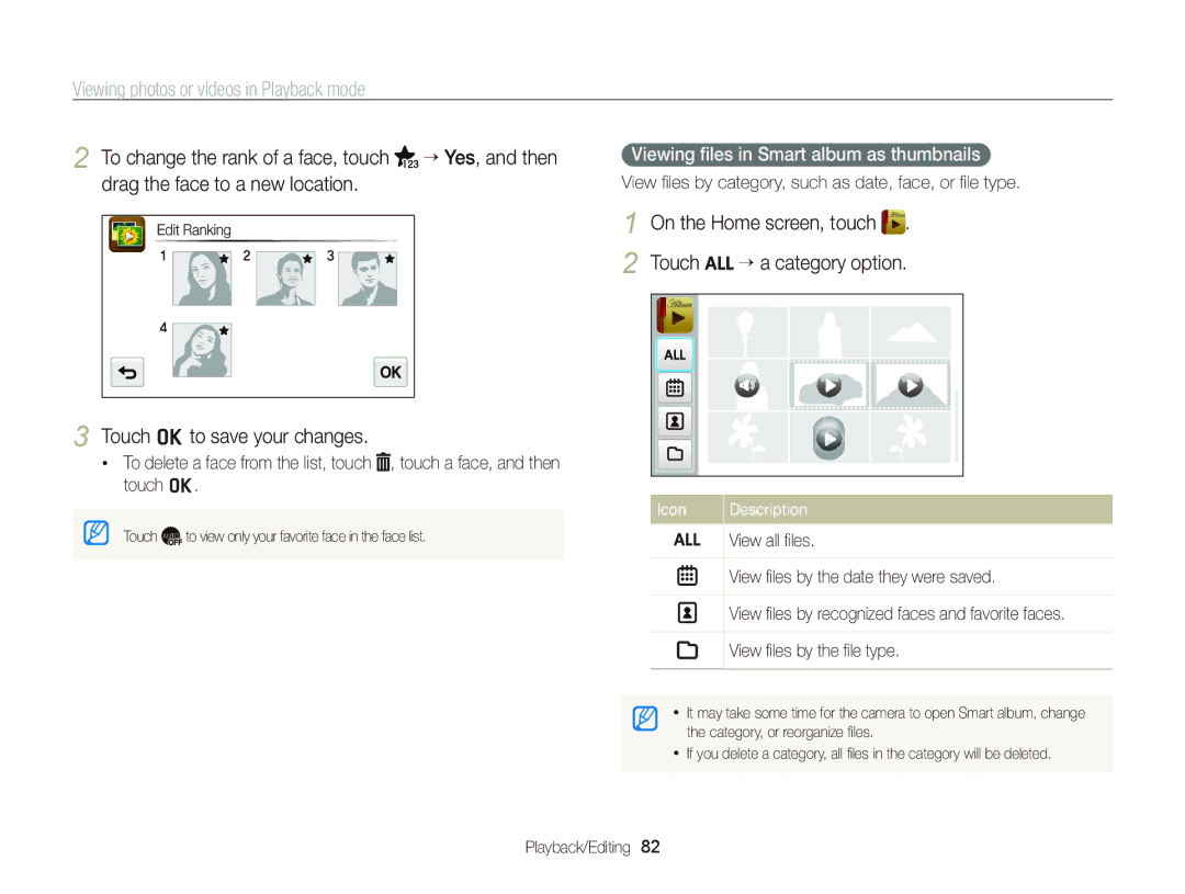 Samsung ST95 user manual On the Home screen, touch Touch “ a category option, Viewing ﬁles in Smart album as thumbnails 