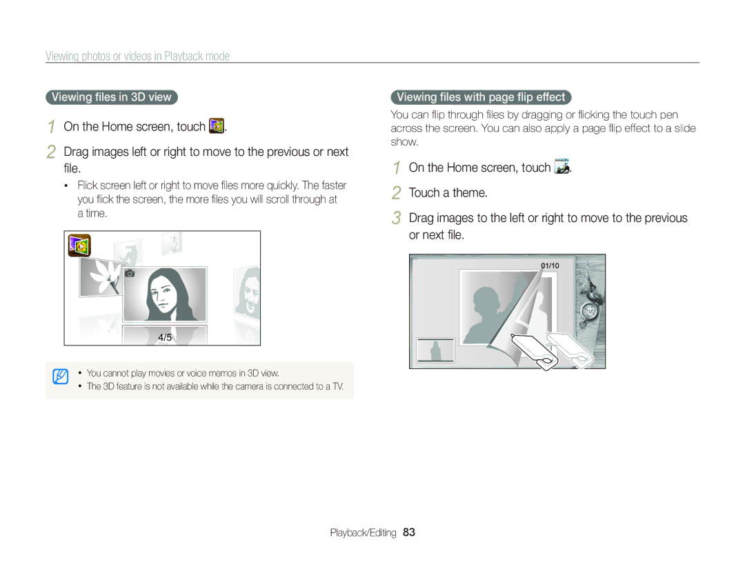 Samsung ST95 user manual Touch a theme, Or next ﬁle, Viewing ﬁles in 3D view, Viewing ﬁles with page ﬂip effect 