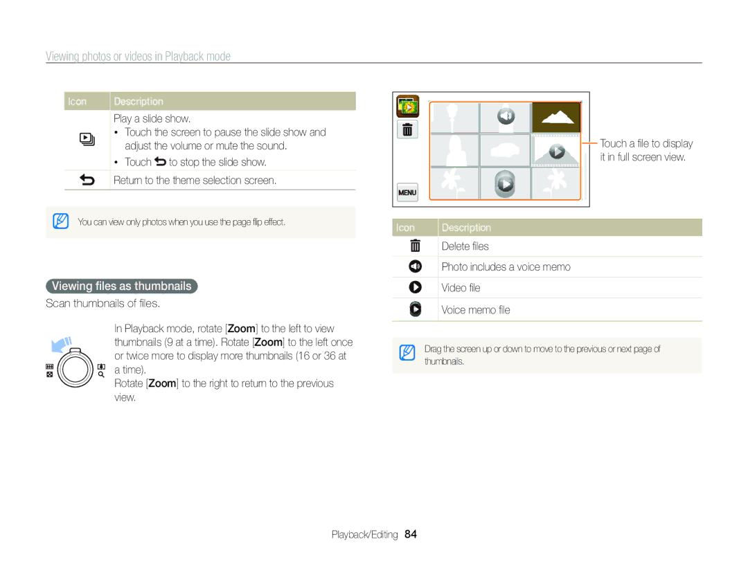 Samsung ST95 user manual Viewing ﬁles as thumbnails, Icon 