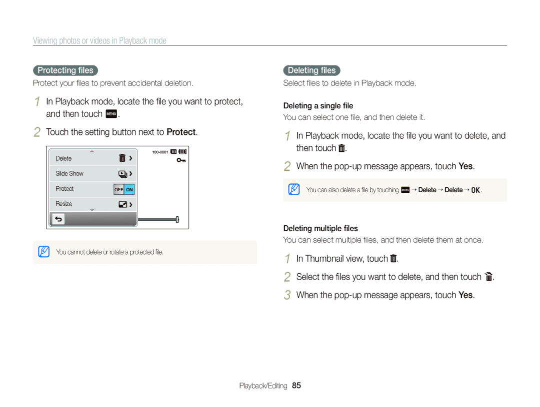 Samsung ST95 Thumbnail view, touch, Protecting ﬁles, Deleting ﬁles, Protect your ﬁles to prevent accidental deletion 