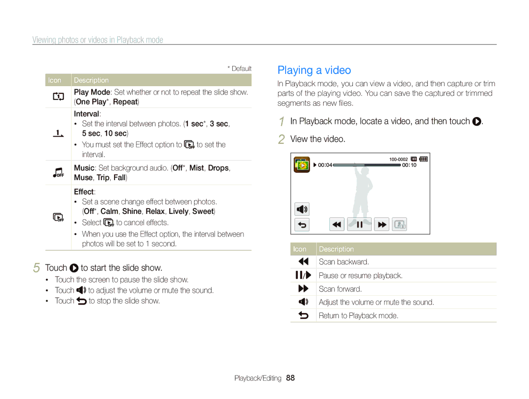 Samsung ST95 user manual Playing a video, Touch to start the slide show, One Play*, Repeat, Scan backward 