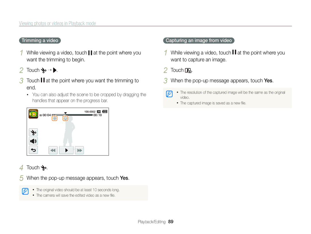 Samsung ST95 user manual End, Touch When the pop-up message appears, touch Yes, Want to capture an image, Trimming a video 