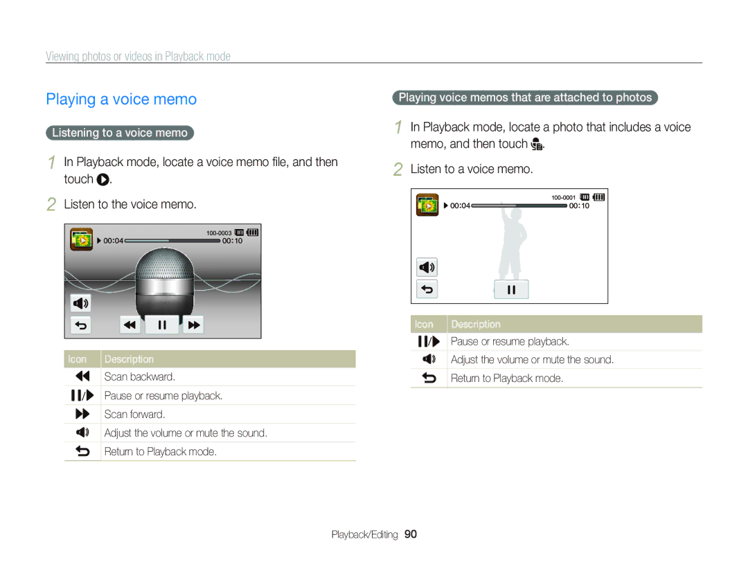 Samsung ST95 user manual Playing a voice memo, Listening to a voice memo, Playing voice memos that are attached to photos 