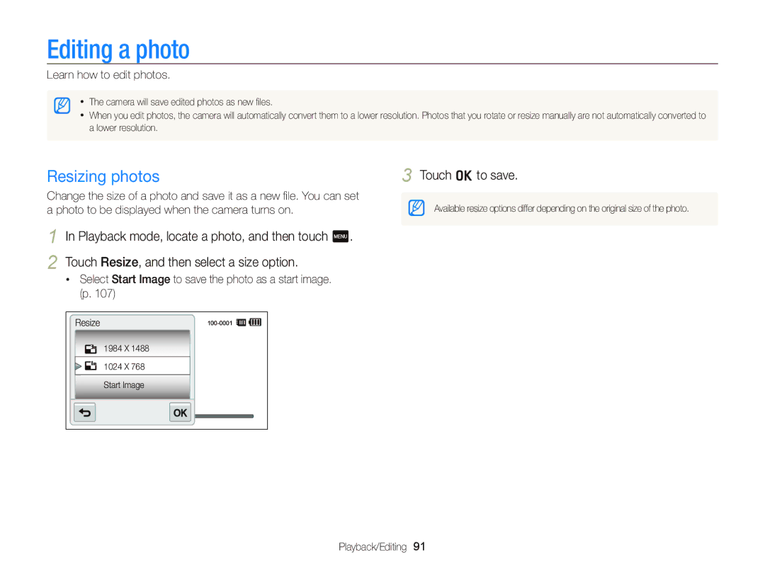 Samsung ST95 user manual Editing a photo, Resizing photos, Learn how to edit photos 