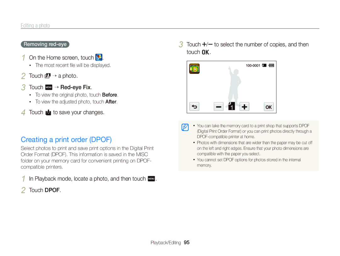 Samsung ST95 user manual Creating a print order Dpof, Touch “ a photo, Removing red-eye, Touch m “ Red-eye Fix 