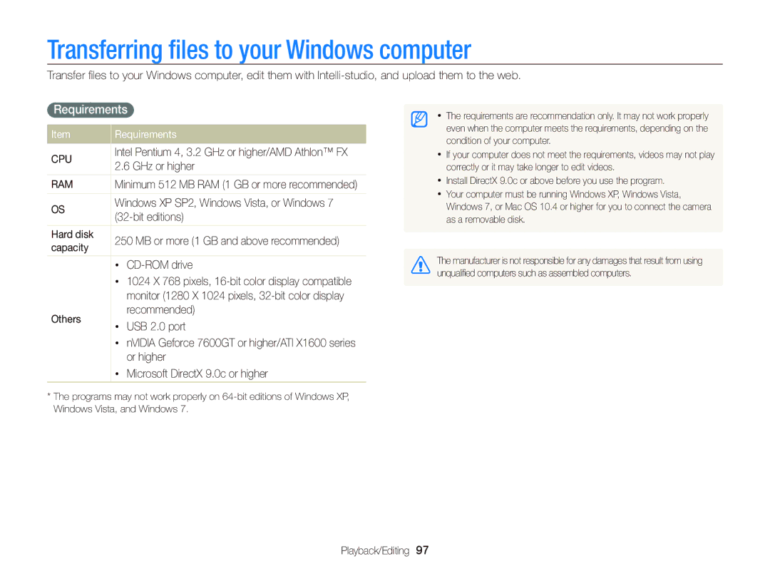 Samsung ST95 user manual Transferring ﬁles to your Windows computer, Requirements 