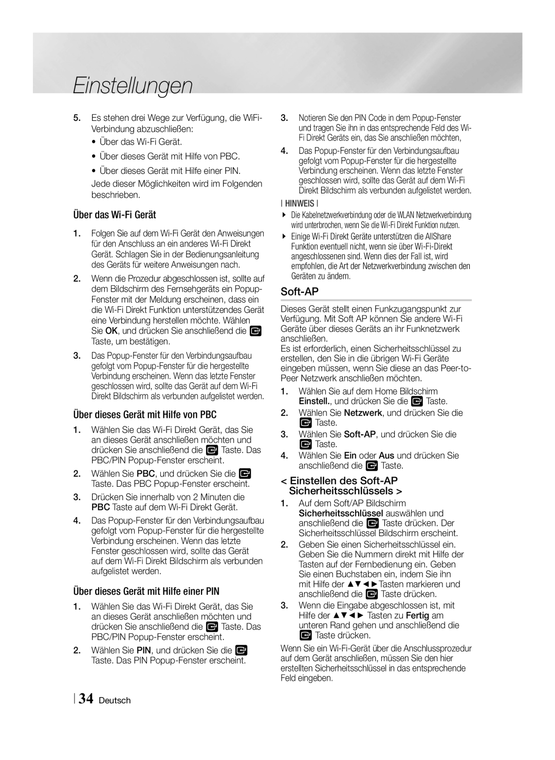 Samsung STB-E7500/EN, STB-E7900/EN manual Soft-AP, Über das Wi-Fi Gerät, Über dieses Gerät mit Hilfe von PBC 