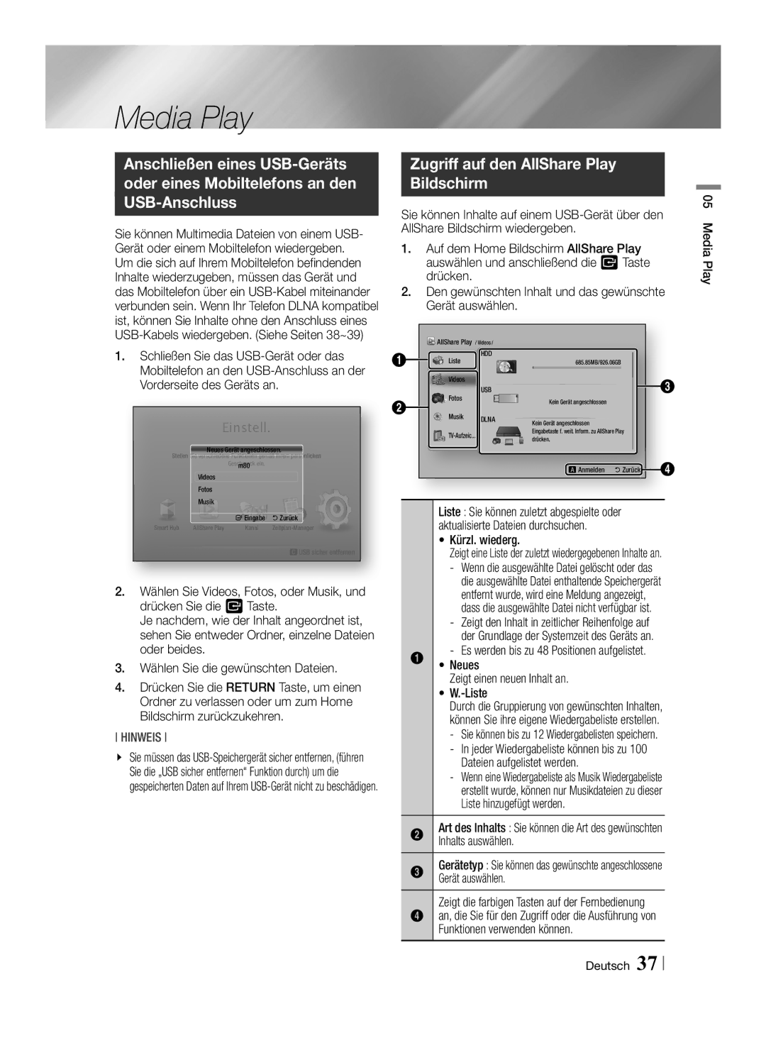 Samsung STB-E7900/EN, STB-E7500/EN manual Zugriff auf den AllShare Play Bildschirm 